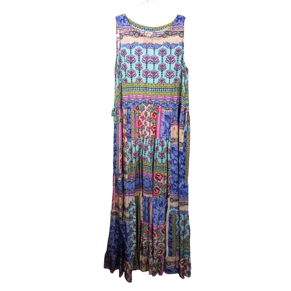 Johnny Was Franco Zeline Mixed Print Tiered Maxi Dress Rayon Size S Boho
